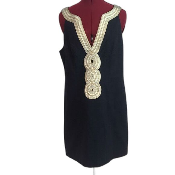 Lilly Pulitzer Valli Shift Dress Women's Size 14 Navy Blue w/Gold & Silver Trim - Picture 10 of 12